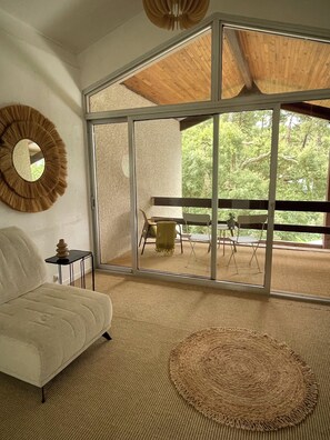 Smart TV, fireplace, books, offices