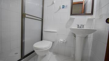 A bathroom with a toilet, a sink, and a shower enclosure.