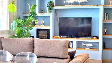 Smart-TV, Bücher, Stereoanlage, Arbeitsbereiche