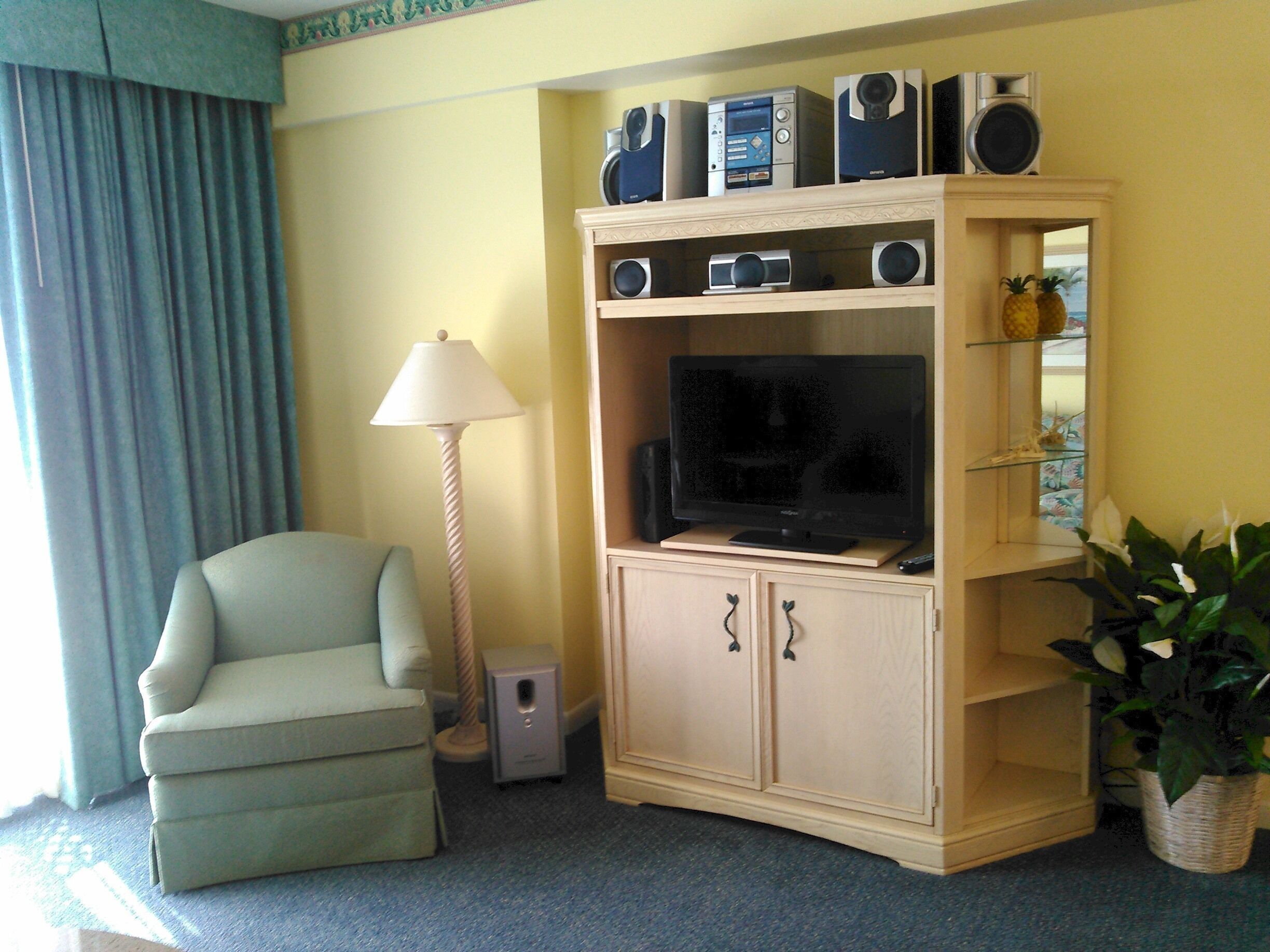 A living room with a television, speakers, a lamp, a chair, and a plant.