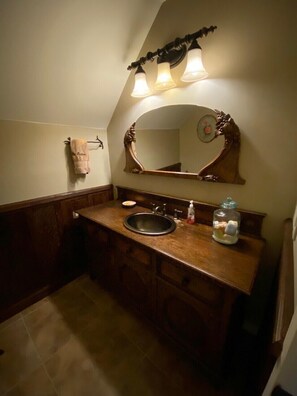 Combined shower/bathtub, jetted bath, hair dryer, towels