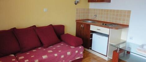 A compact living space with a sofa, a small kitchenette, and a glass table.