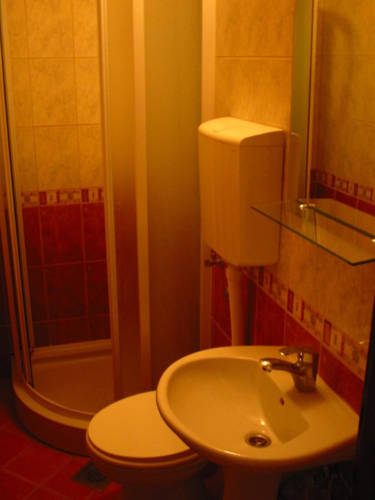 A bathroom with a toilet, sink, and glass shower enclosure.