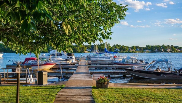 Un puerto deportivo con barcos amarrados, un muelle de madera que lleva al agua y un área verde con un árbol que da sombra.