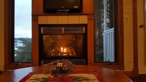 A fireplace with a TV above it, a table with a decorative item, and a view of trees outside. - Snug Harbor Inn - Luxury Cottage 4 (Sturgeon Bay)