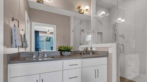 A modern bathroom with a large mirror, a shower with glass doors, and a countertop with a plant.