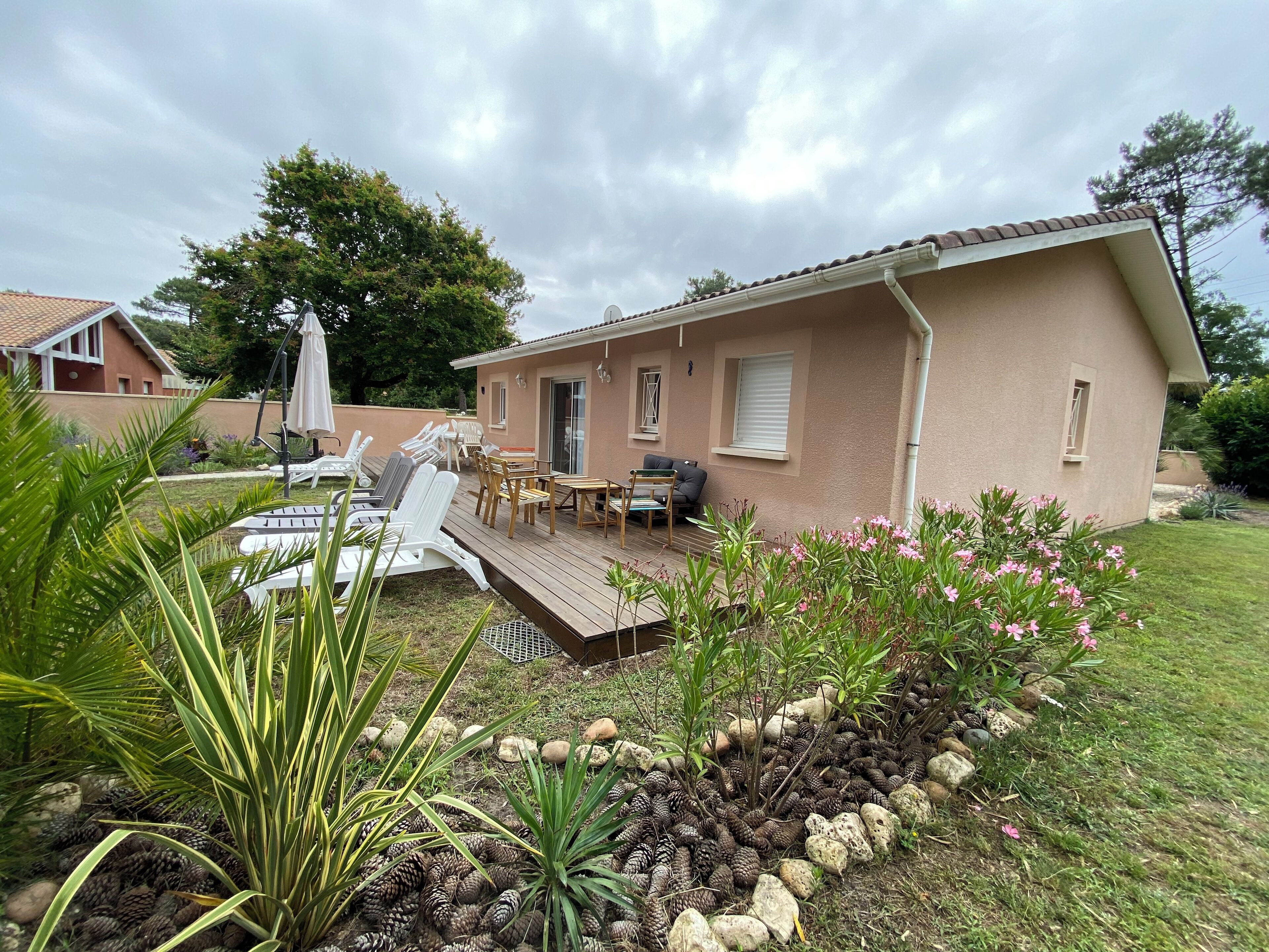 A house with a patio area, a pool, and a garden with plants and rocks.