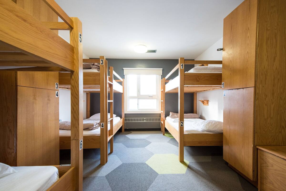 A dormitory room with bunk beds, numbered from 1 to 6, and a window providing natural light.