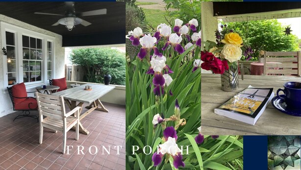 A front porch with a wooden table, chairs, and a potted plant. - Sunny Blue Bungalow near Nashville in Historic Downtown Murfreesboro (Murfreesboro)