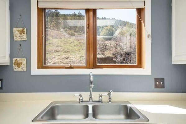 Una cocina con un lavaplatos doble, una ventana con vistas a un bosque y elementos decorativos en la pared.