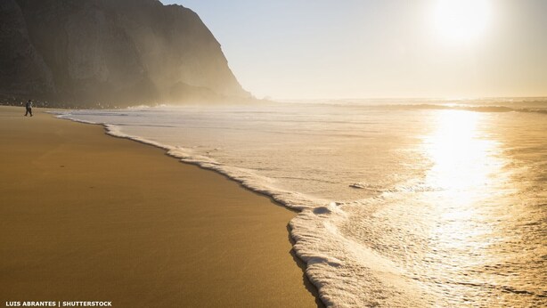 A beach with a clear sky and sunlight reflecting off the water.