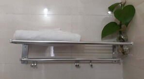 Shower, slippers, towels, soap