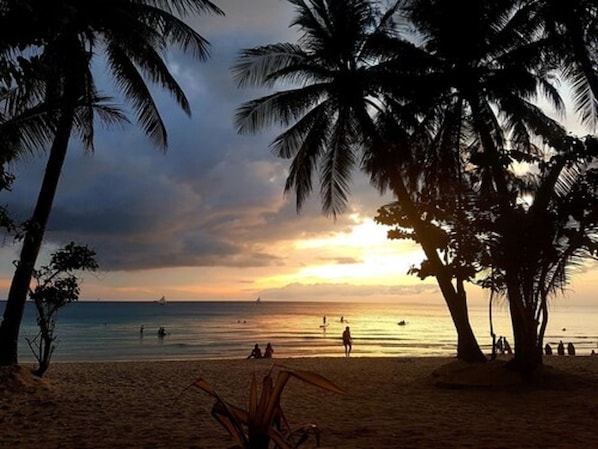 On the beach, white sand