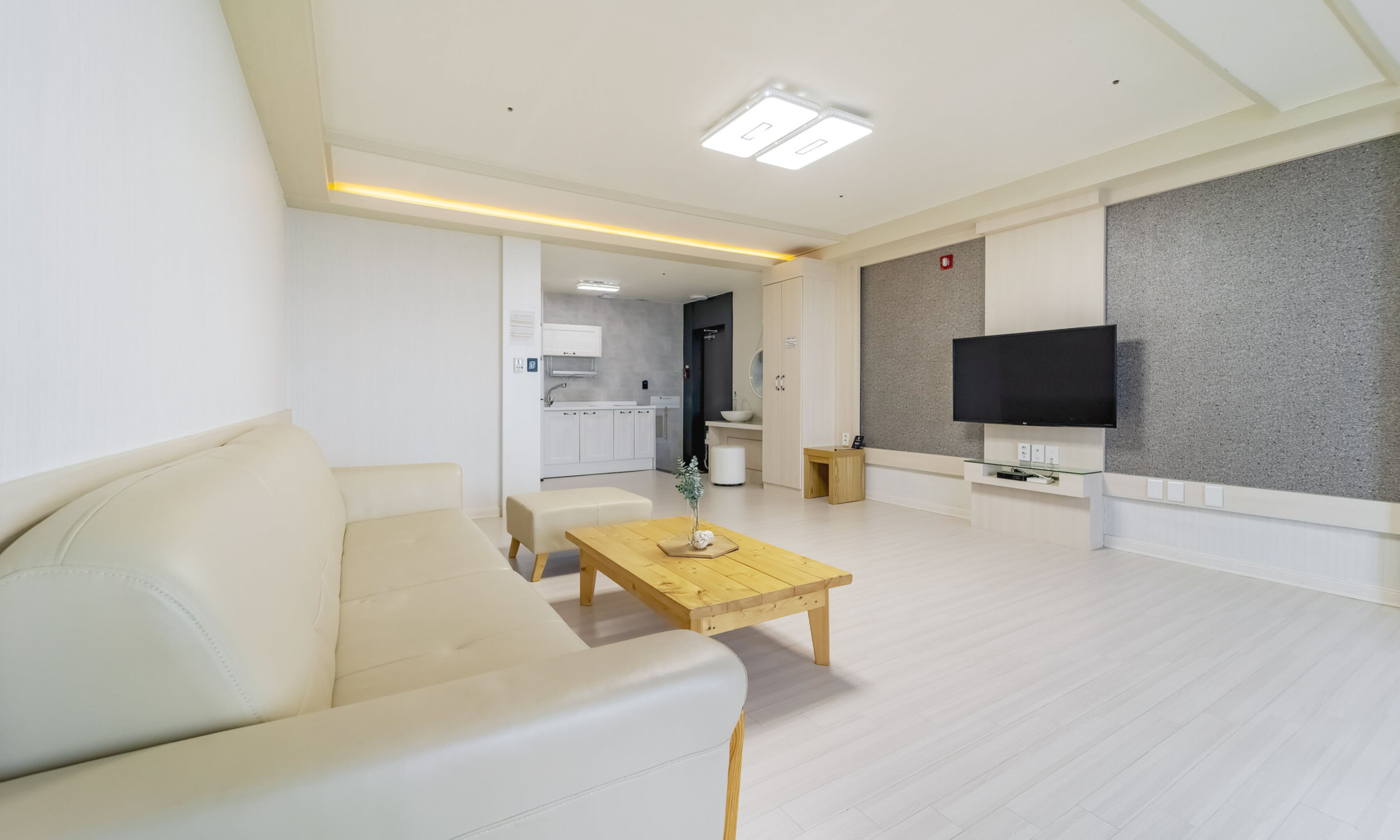 A modern living room with a sofa, a wooden coffee table, and a flat-screen TV mounted on the wall.