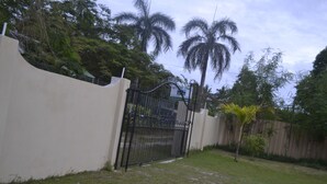 A gated area with a white wall, a metal gate, and a palm tree. - My Ozi Perl Self Catering Guest House (Praslin Island)