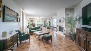 Una televisión, una chimenea, un reproductor de DVD