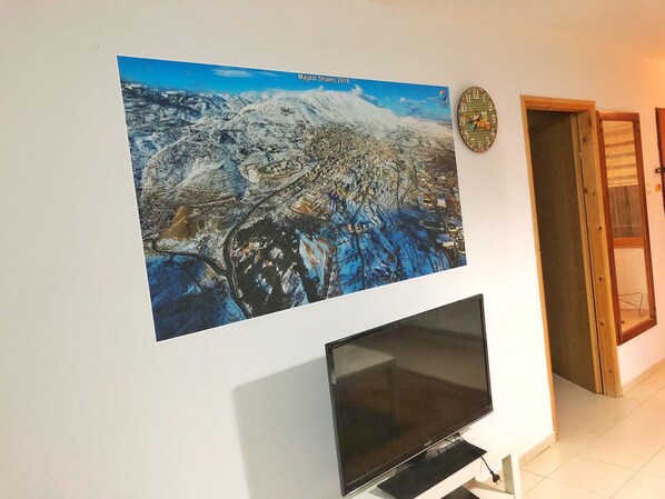 Un televisor de pantalla plana montado en una pared blanca, un cartel con un paisaje montañoso y una puerta de madera.