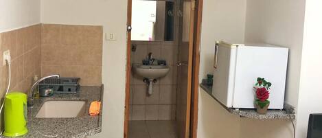 Una cocina pequeña con lavamanos, encimera y refrigerador.