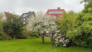 A residential area with a well-maintained lawn, flowering trees, and houses with red roofs.