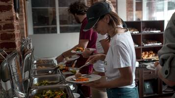 Guests can enjoy a variety of dishes at this communal buffet.