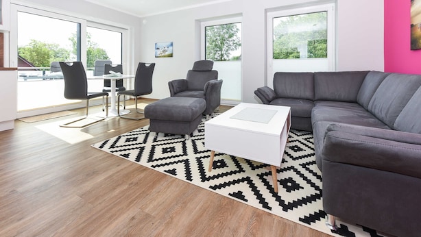 A modern living room with a grey sofa, a white coffee table, and a black and white patterned rug. - Vacation apartment 18 - Haus Seeperle (Esens)
