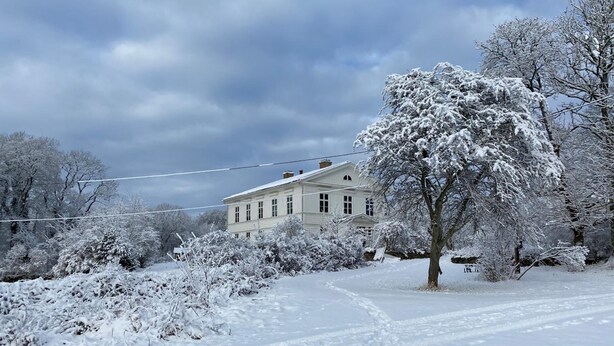 Une grande maison blanche à deux étages, dotée d’une façade symétrique, entourée d’arbres couverts de neige et d’une pelouse enneigée.