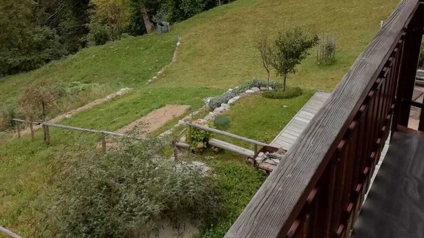 A view from a balcony overlooking a grassy hillside with trees and mountains in the background. - Mountain style apartment (Zortea)