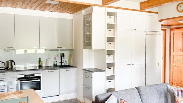 Una cocina compacta con muebles blancos, horno empotrado y lavamanos. Se observa un sofá gris con cojines decorativos y una puerta de madera al fondo.