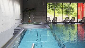 Indoor pool, open 7:00 AM to 10:00 PM, pool loungers