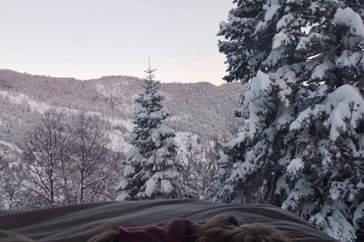 Ein Bett mit Blick auf verschneite Bäume und einen bewaldeten Hang.