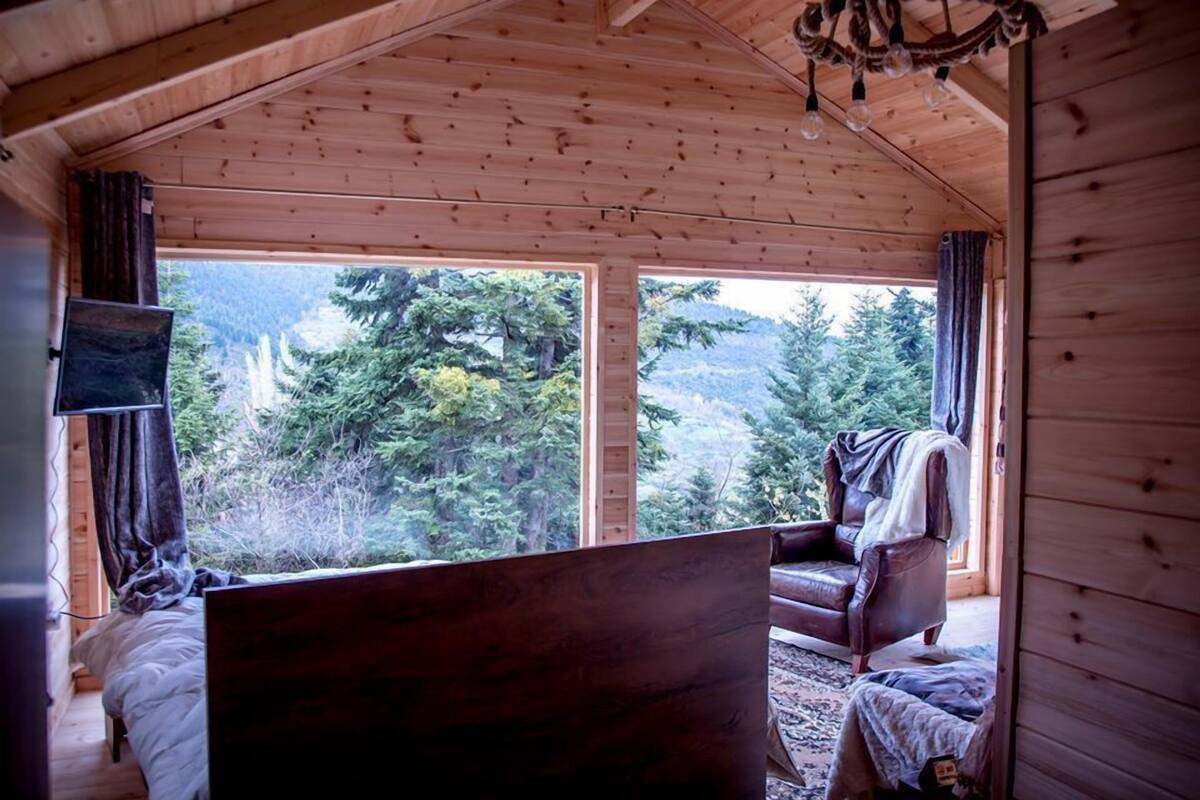 Innenansicht einer Holzhütte mit Bett, Sessel und großem Fenster mit Blick auf den Wald.