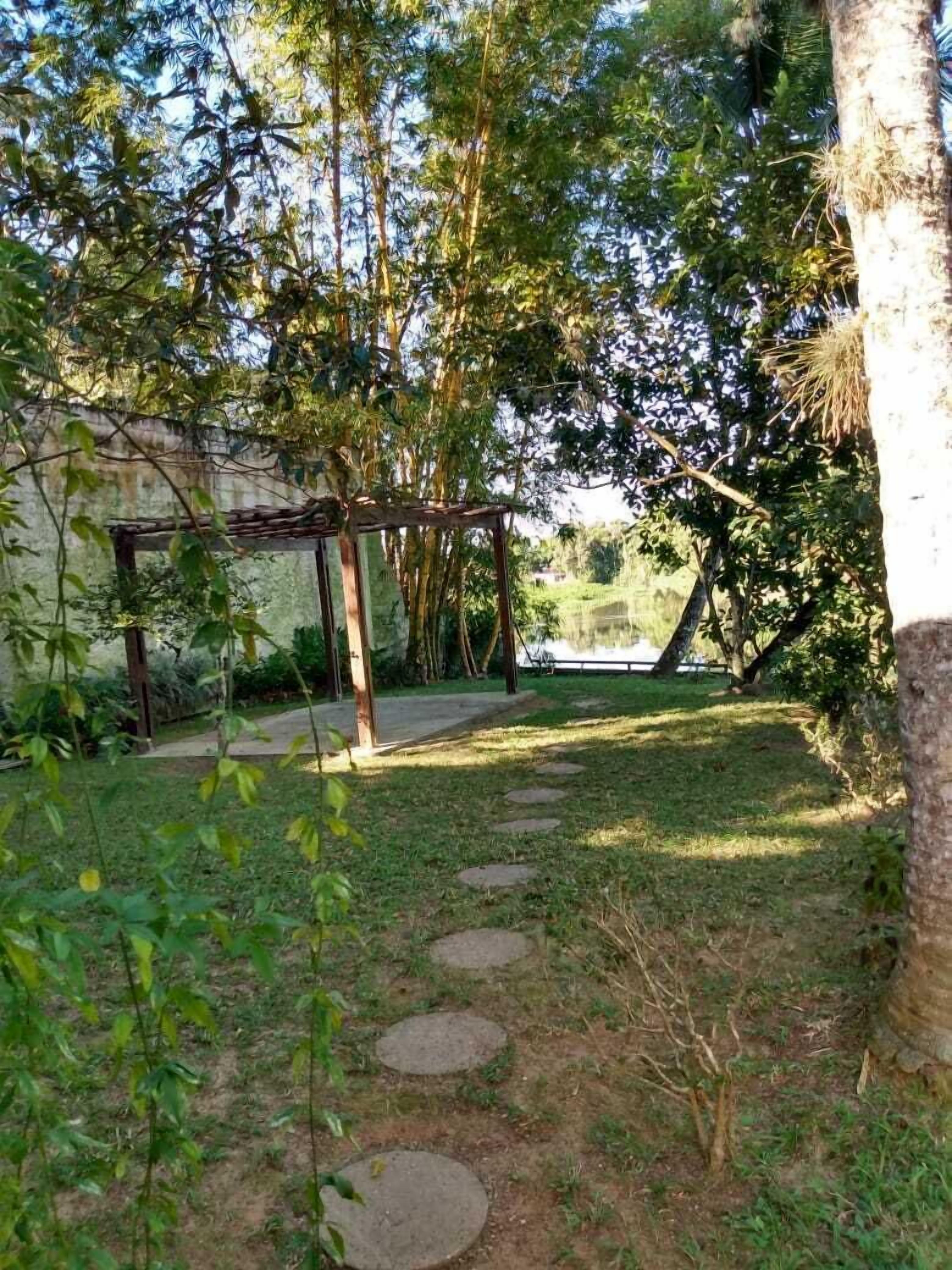 Um jardim com pérgola, pedras no caminho e diversas árvores.