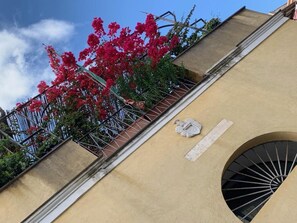 A building facade with a yellow exterior, a circular window with a metal grille, and a metal staircase with red flowers.