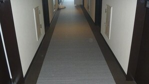 A hallway with carpeted floors and white walls.
