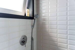 Shower, hair dryer, towels, shampoo