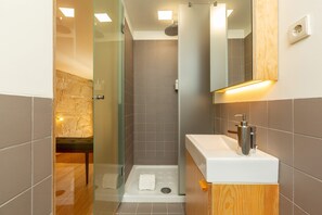 Shower, hair dryer, towels