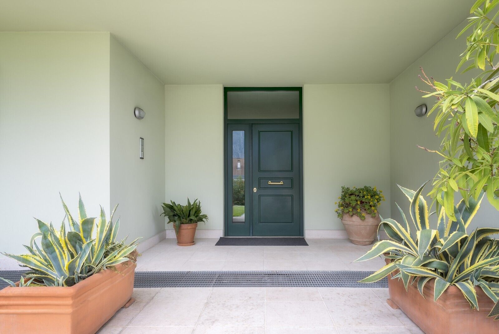 A front entrance with a green door, potted plants on either side, and a tiled floor.