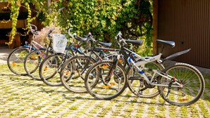 A row of bicycles parked on a paved surface with a wooden fence and greenery in the background. - Apartment 1 - Apartment am-edersee (Edertal)