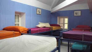 A dormitory room with bunk beds, blue walls, and framed pictures on the walls. - Lizarrusti Parketxea - Hostel (Ataun)