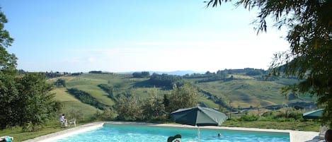 Seasonal outdoor pool, pool loungers