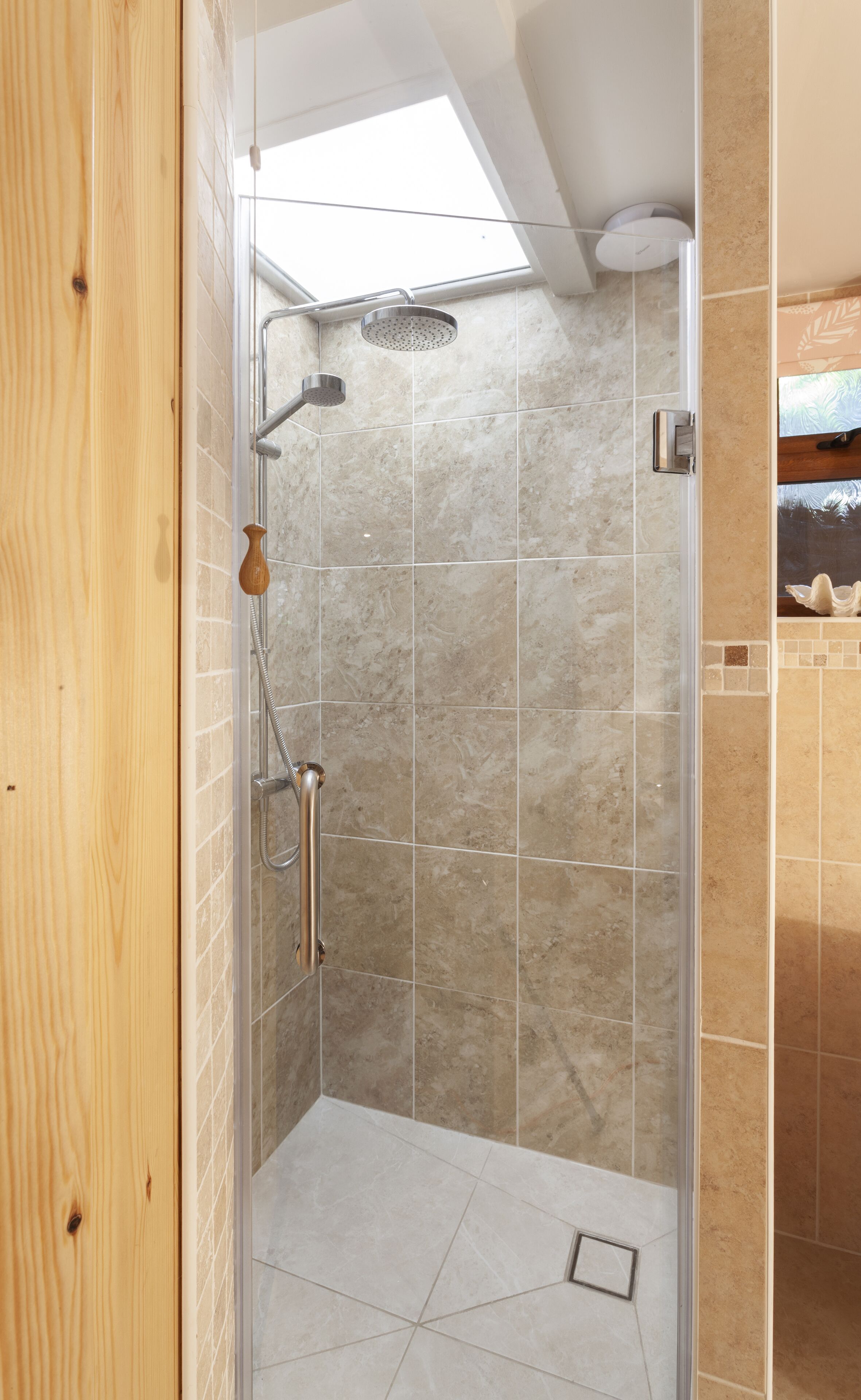 Een douche met een glazen deur, een houten deurkozijn en een dakraam erboven.