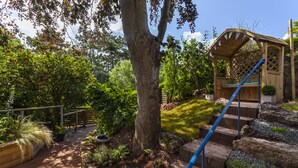 A wooden deck with a stone border, a tree, and a wooden pergola with a blue staircase. - Porthole Log Cabin (Minehead)