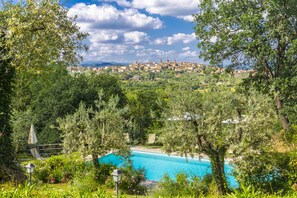 A pool surrounded by lush greenery and a distant view of a historic town.