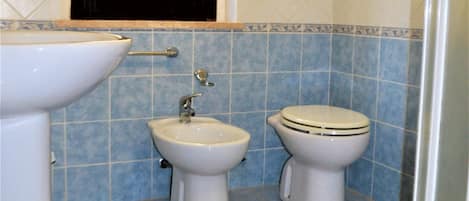 A bathroom with a sink, bidet, toilet, and a shower area.
