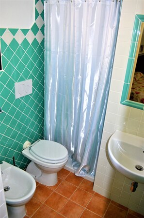 Une salle de bain équipée de toilettes, d’un bidet et d’un lavabo.
