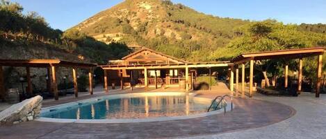 Seasonal outdoor pool, open 8:00 AM to midnight, pool umbrellas