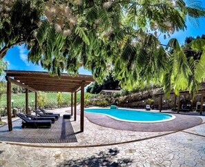 Piscina com espreguiçadeiras e um pergolado, cercada por palmeiras e um caminho de pedra.