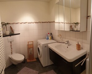 Dusche, Haartrockner, Handtücher, Seife