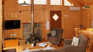 A cozy wooden cabin with a fireplace, a television, and a dining area. - OAK is a charming, well equipped log cabin with hot tub and wood burning stove (Dalavich)
