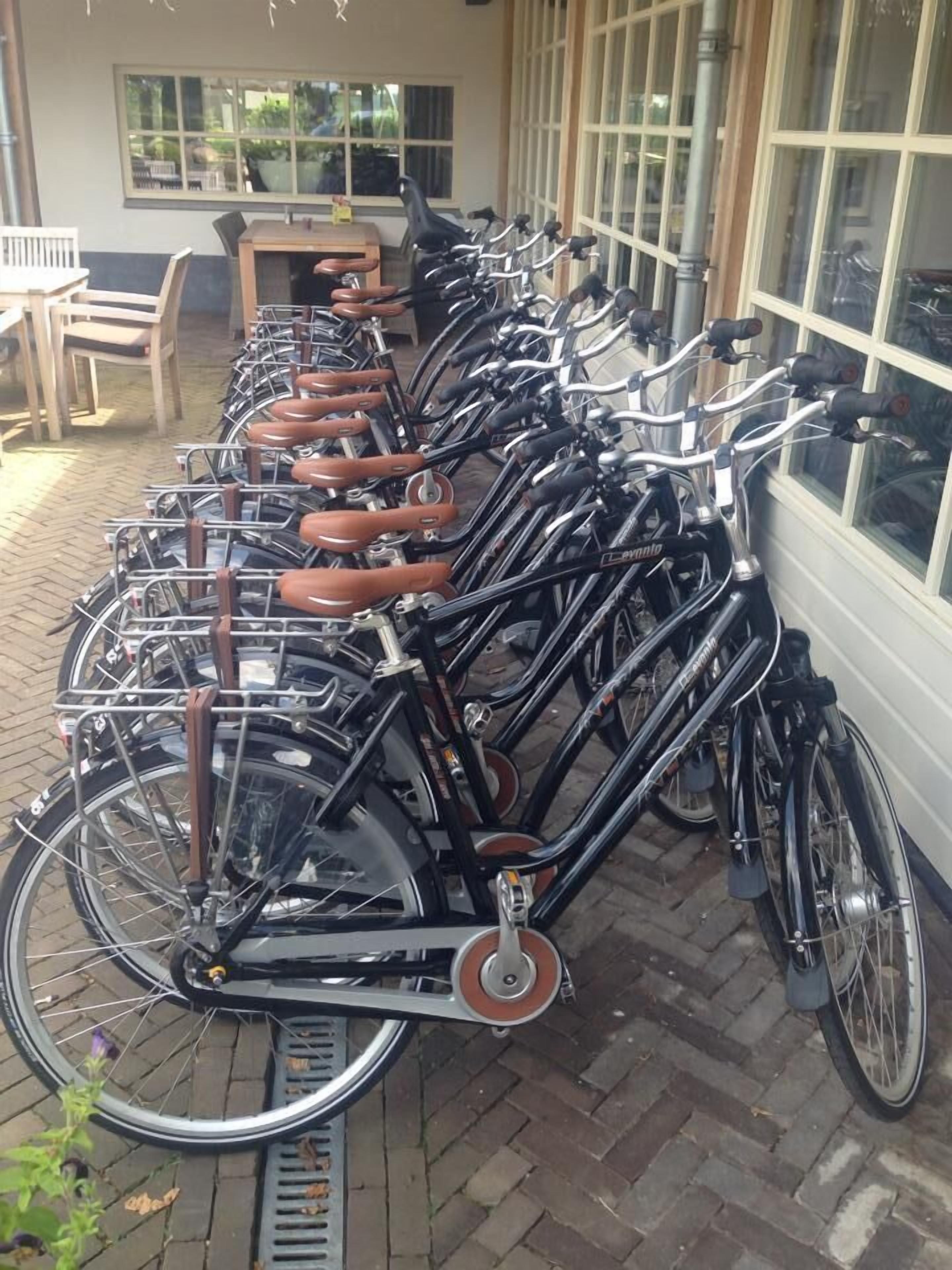 Een rij fietsen geparkeerd voor een gebouw met grote ramen.